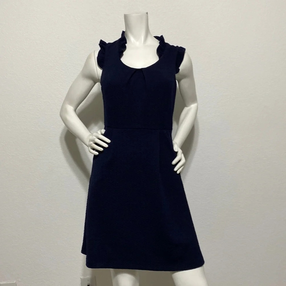 THML Navy Ruffle-Shoulder A-Line Mini Dress